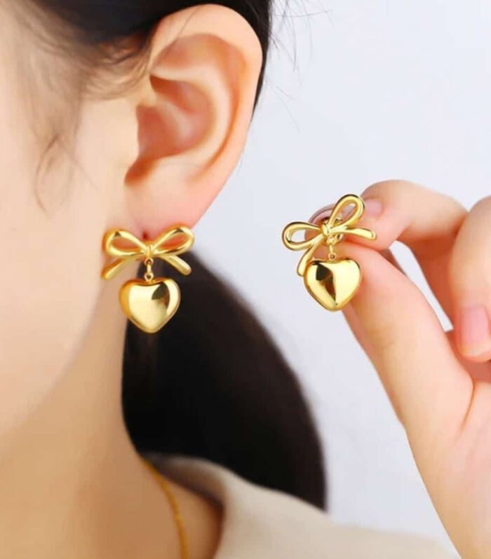 Elegant Gold-Plated Heart Bow Earrings