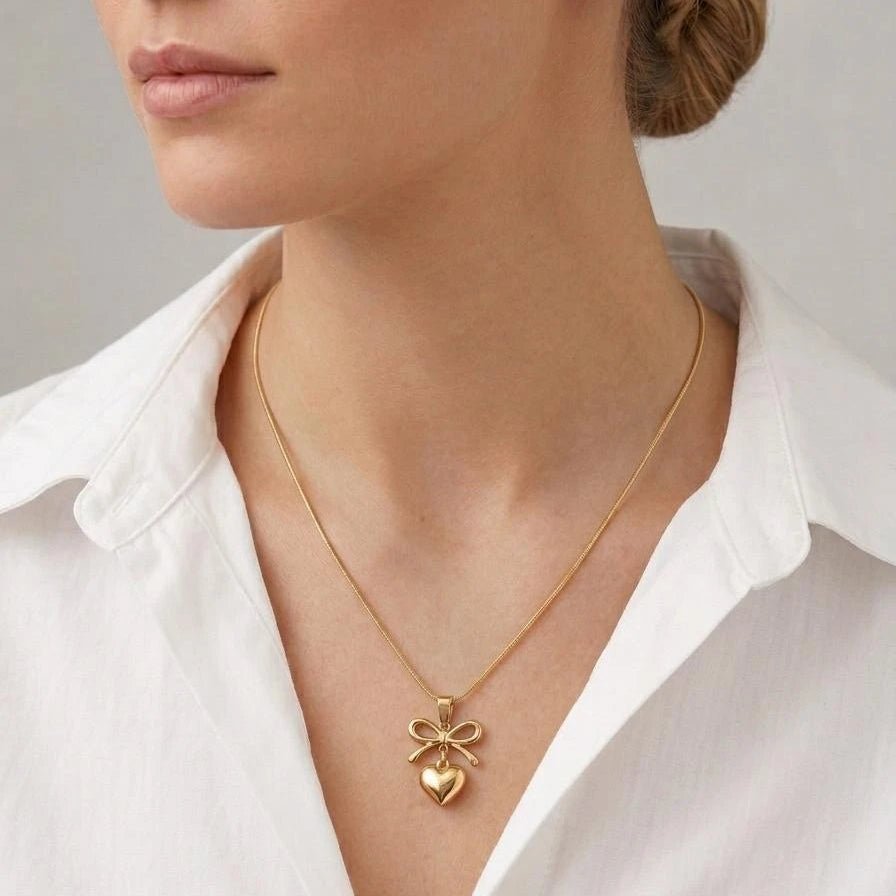 Bow Heart Charm Necklace