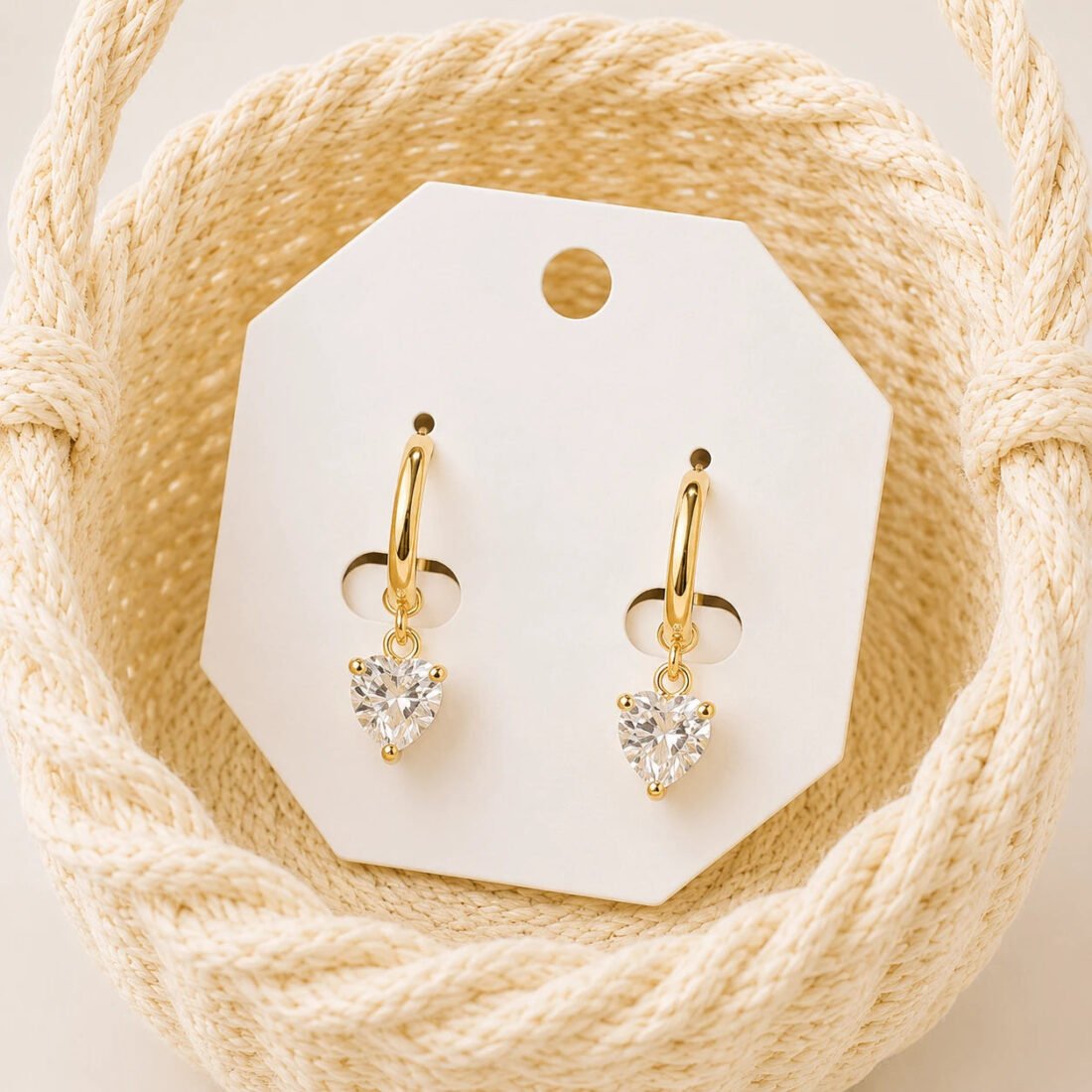 Golden Heart Crystal Drop Hoop Earrings