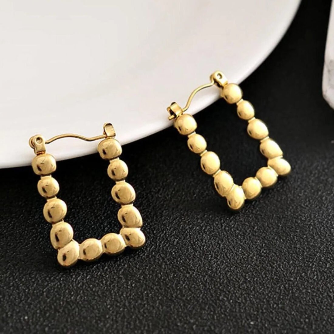 Golden Bead Square Hoop Earrings