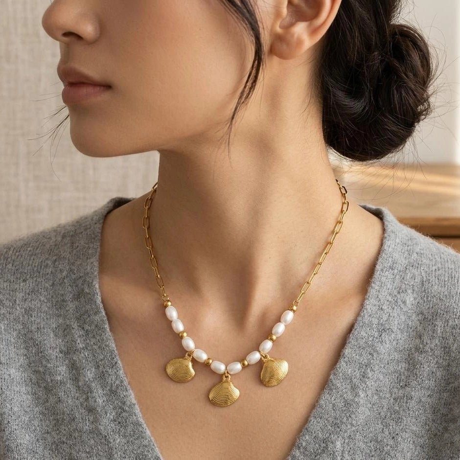 Golden Shell Pearl Charm Necklace