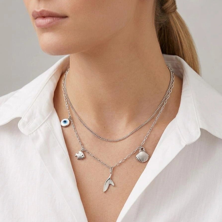 Ocean Charm Layered Silver Necklace
