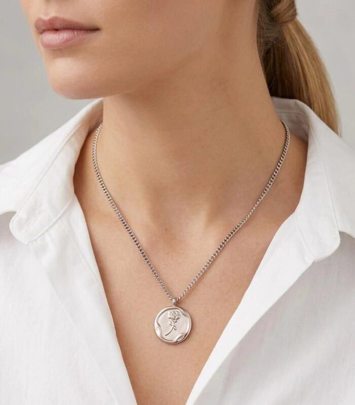 Silver Rose Coin Pendant Necklace