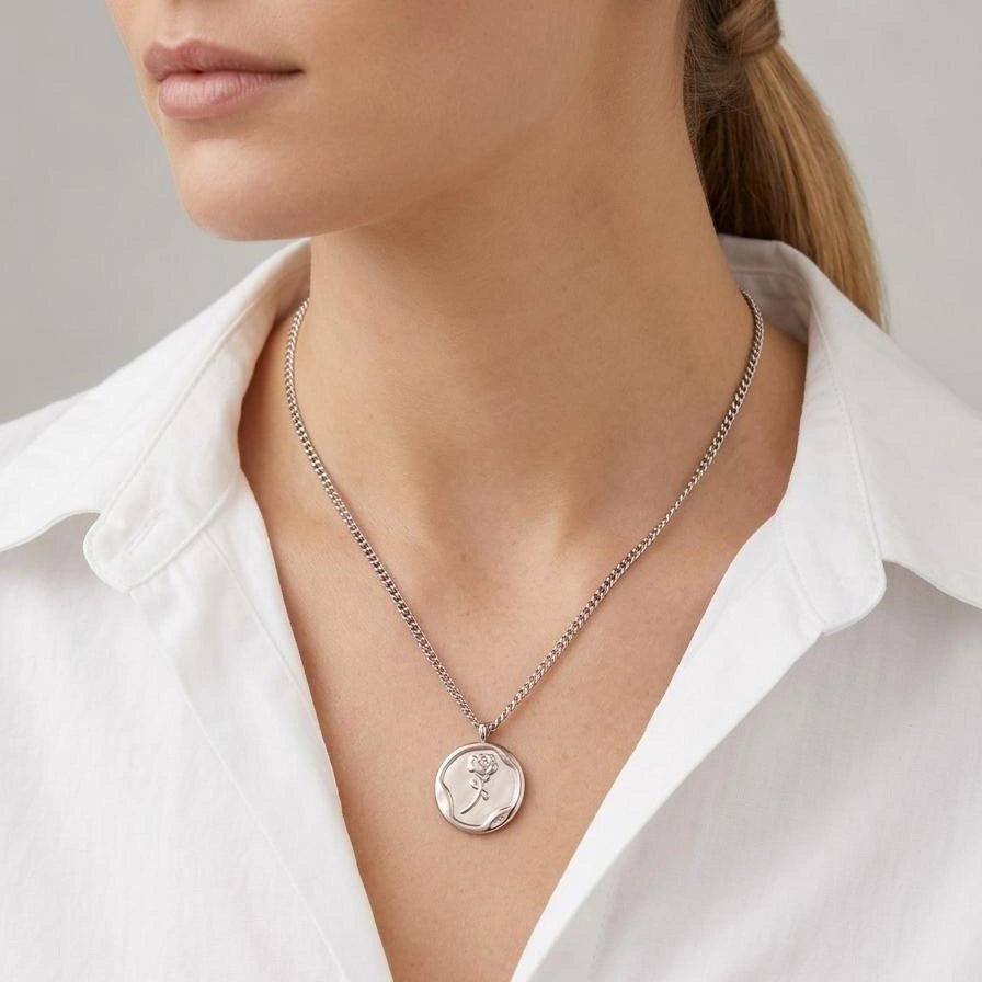 Silver Rose Coin Pendant Necklace