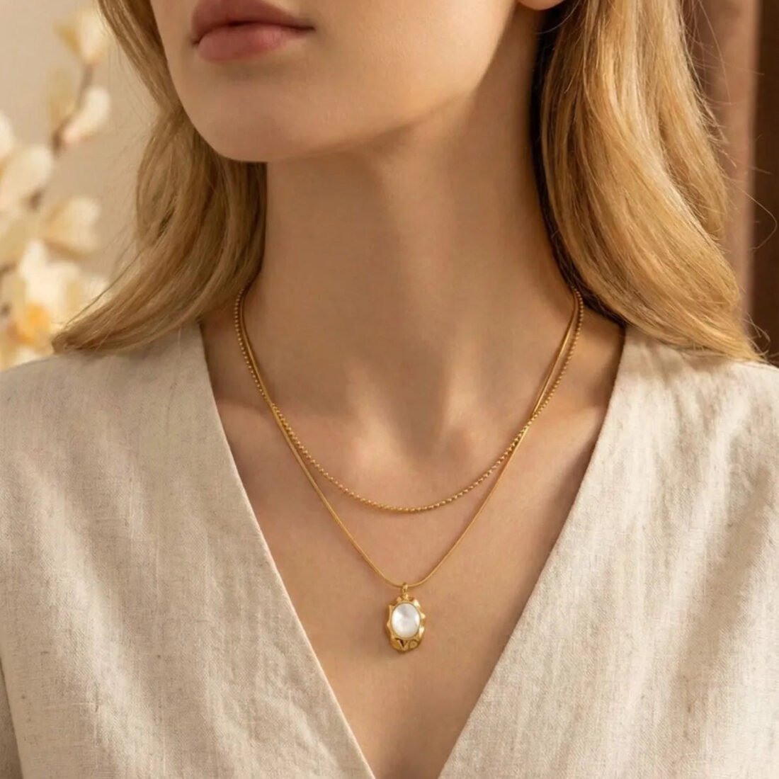 Double Chain Gold Necklace with Pearl Pendant