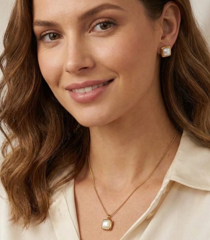 Gold Square Pendant and Stud Earrings Set