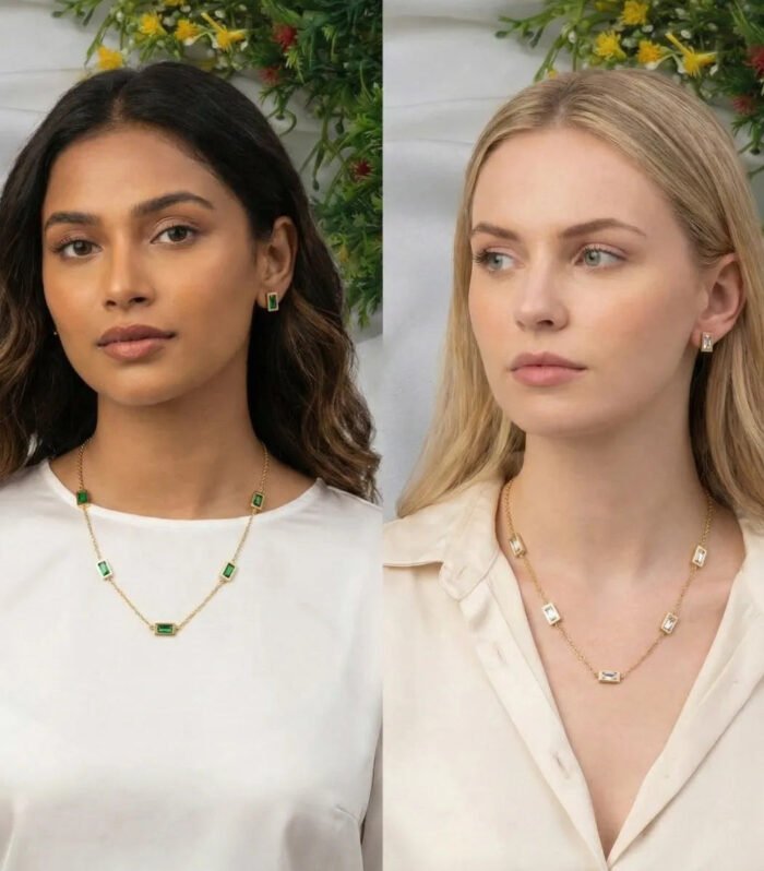 Emerald & Diamond Rectangular Necklace & Earrings Set