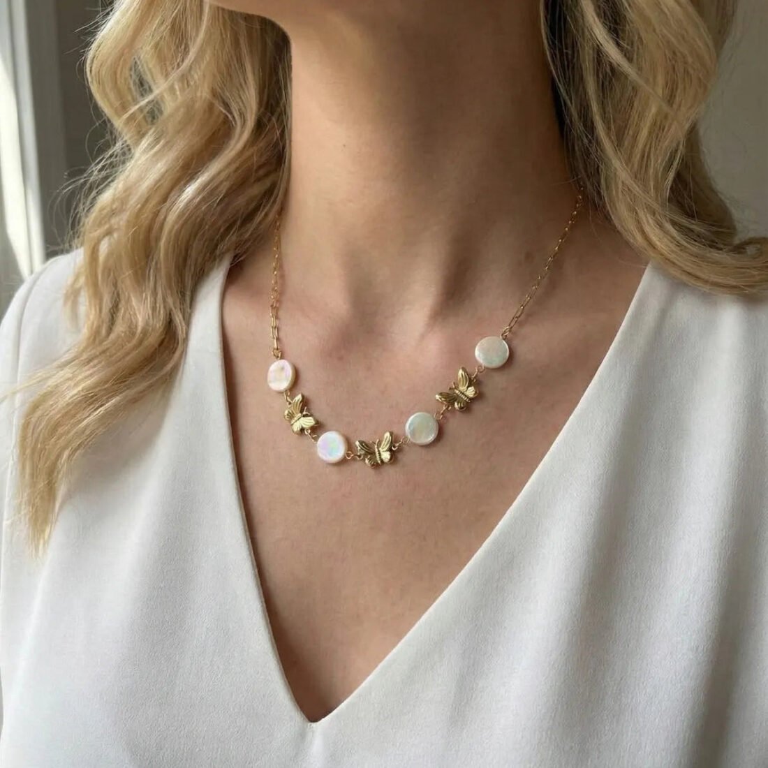 Golden Butterfly Pearl Necklace