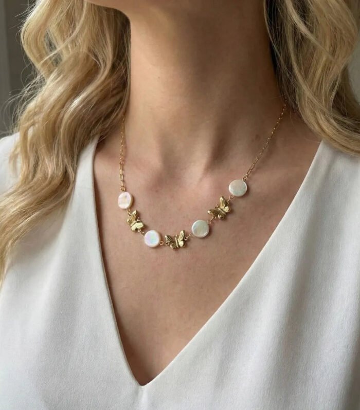 Golden Butterfly Pearl Necklace