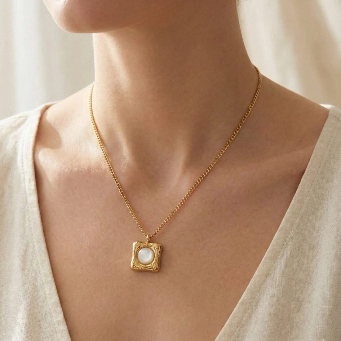 Gold Square Pearl Necklace