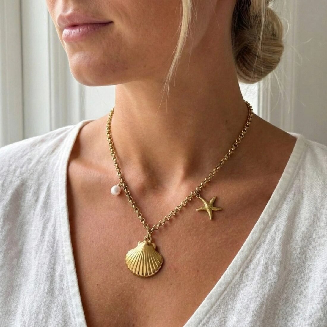 Shell Starfish Gold Charm Necklace