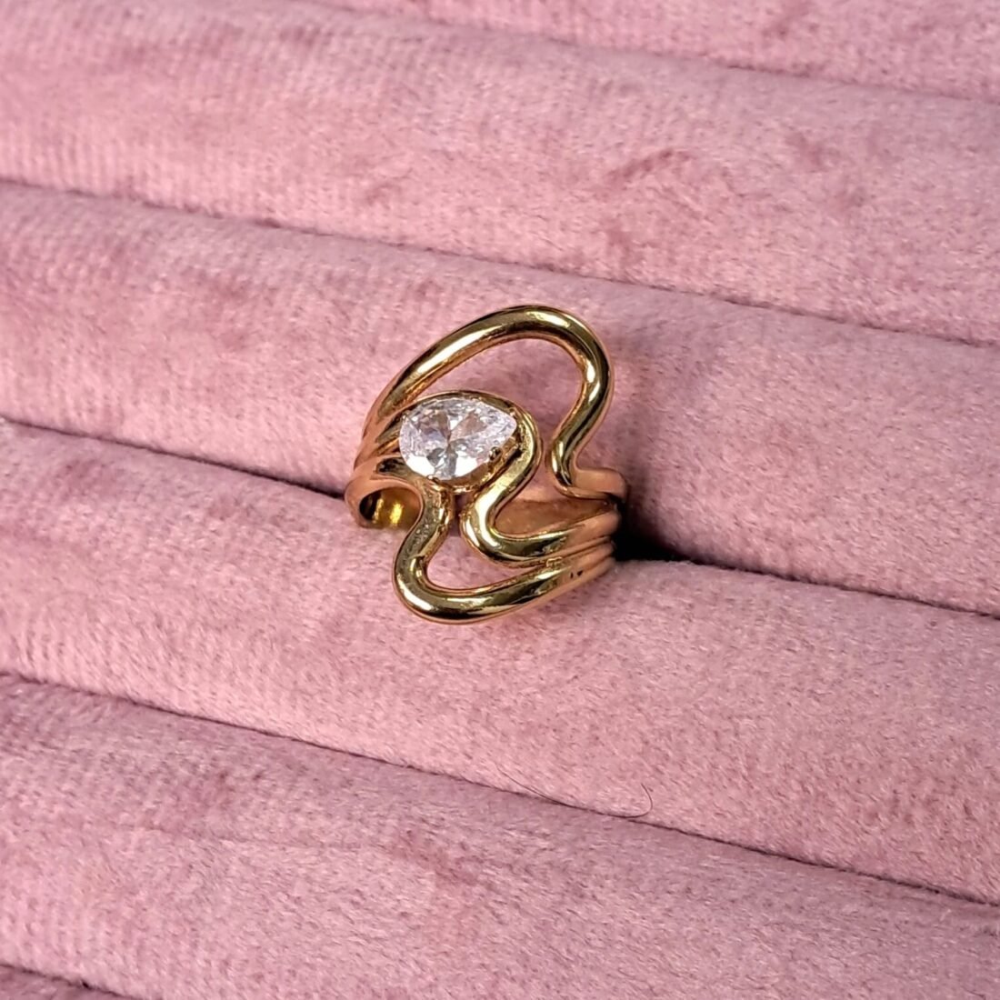 Abstract Wave Crystal Gold Ring