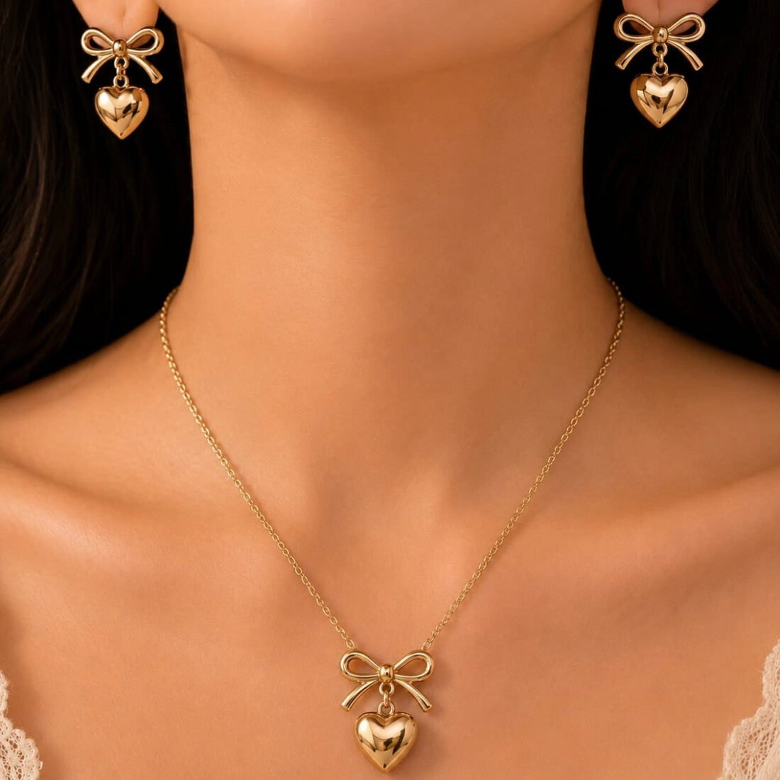 Golden Bow Heart Necklace & Earring Set