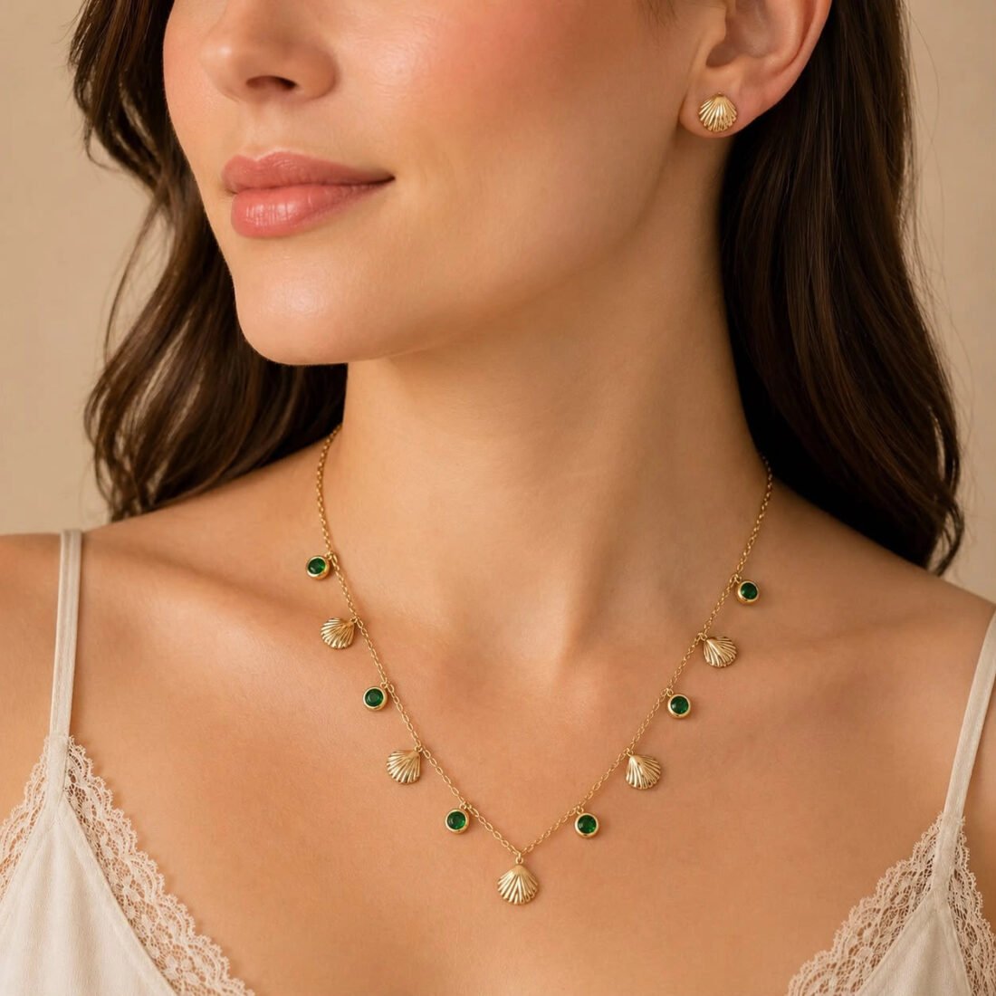 Emerald Seashell Charm Necklace & Earring Set