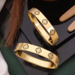 Floral Crystal Engraved Gold Kada