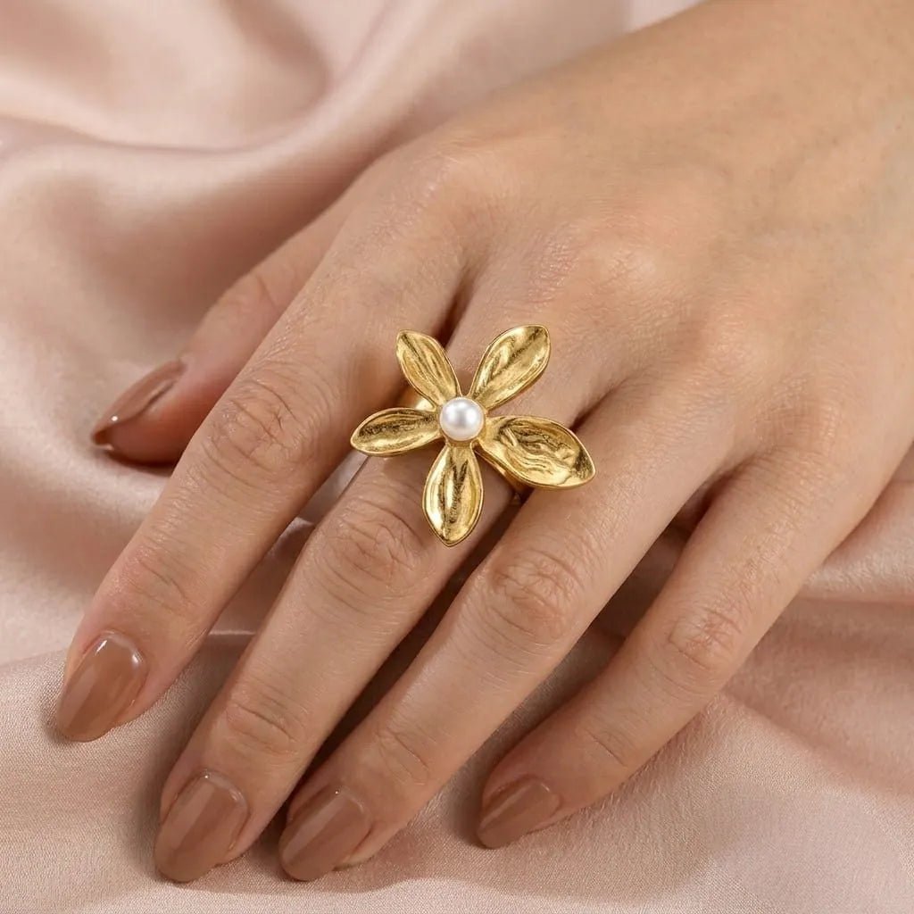 Golden Blossom Pearl Statement Ring