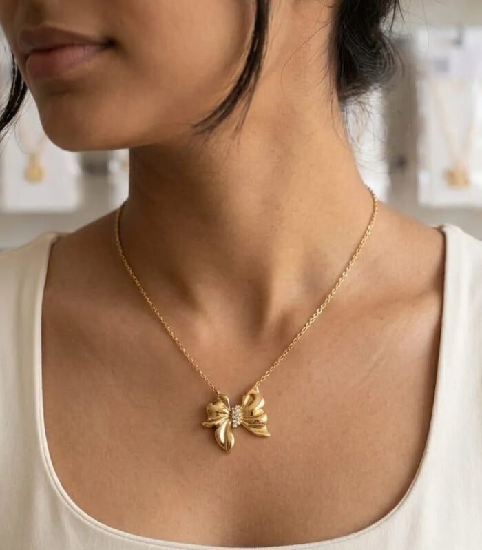 Golden Bow Charm Necklace