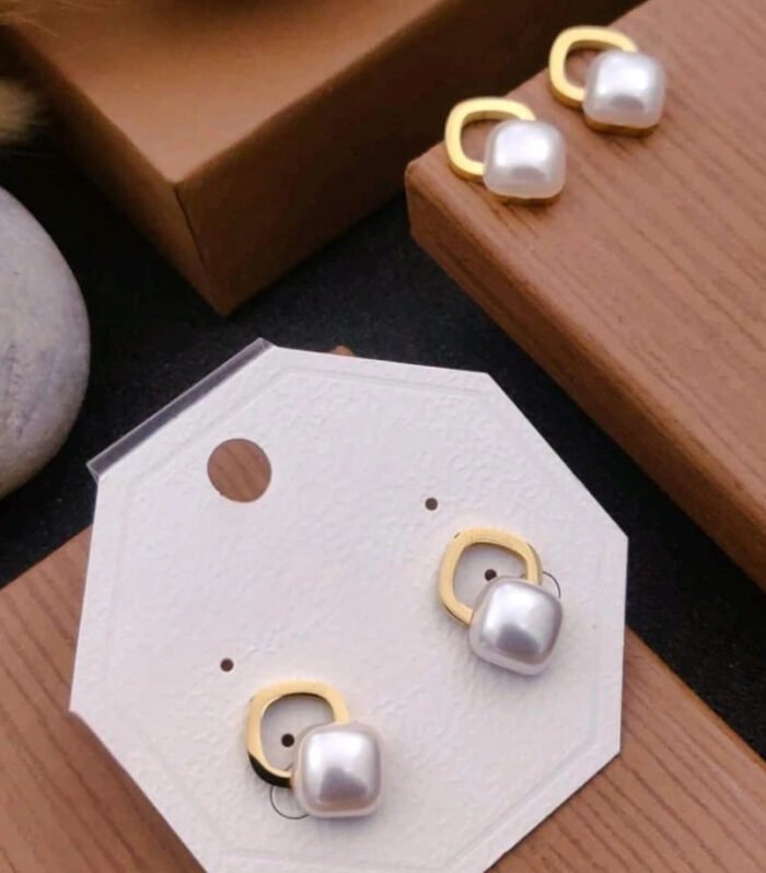 Golden Square Pearl Stud Earrings