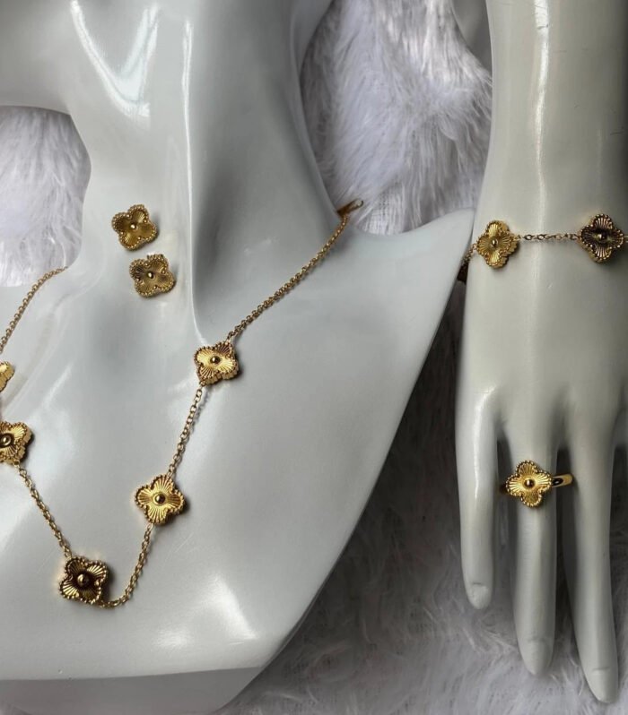 Golden Blossom Clover Gold Necklace & Earring Set