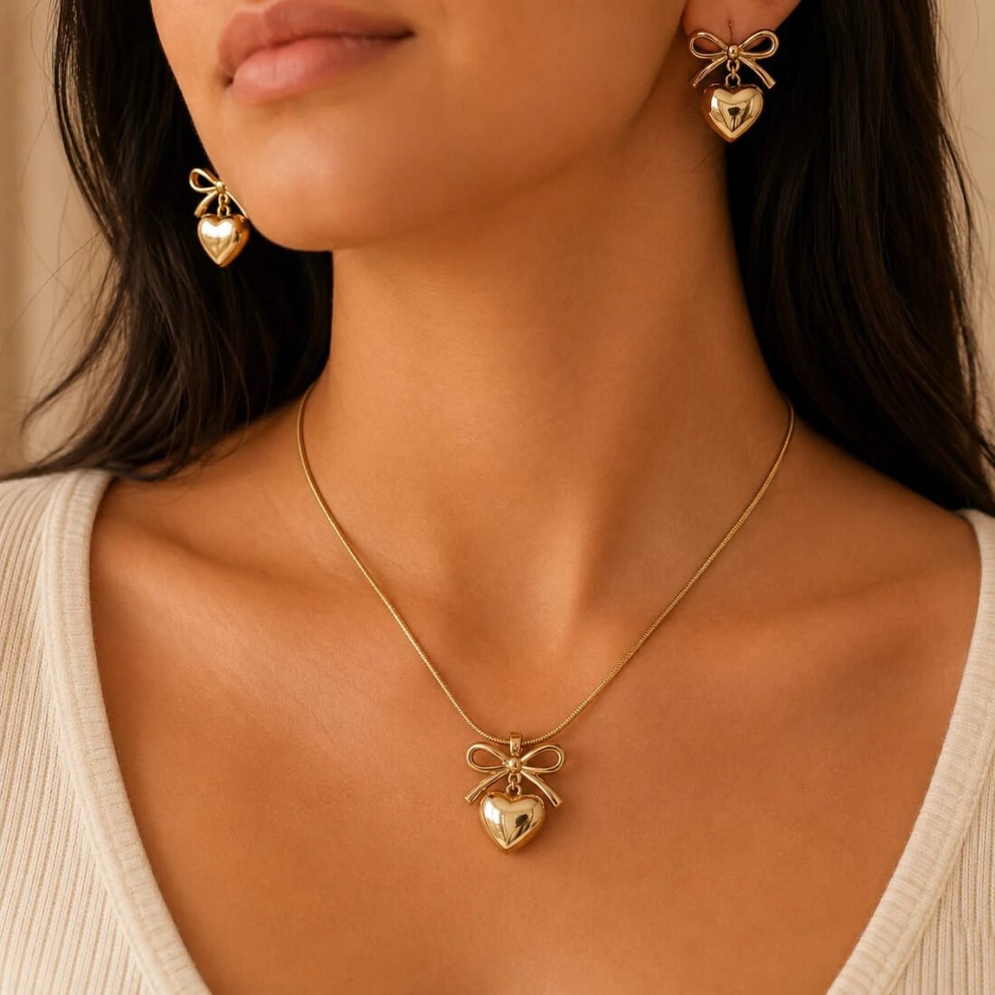 Golden Romance Bow Heart Necklace & Earring Set