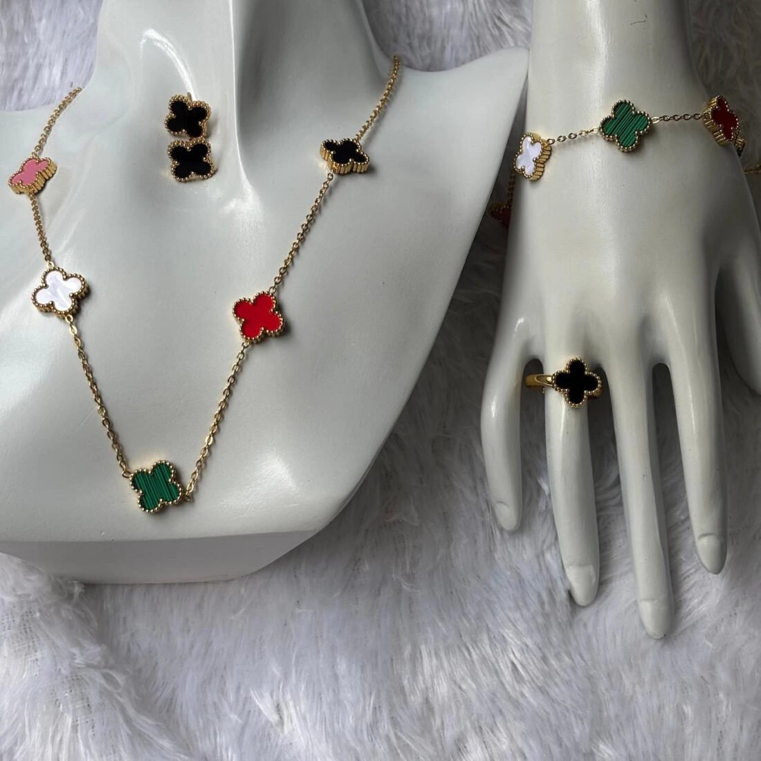 Aurora Multicolor Clover Gold Necklace & Earring Set