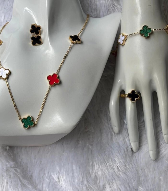 Aurora Multicolor Clover Gold Necklace & Earring Set