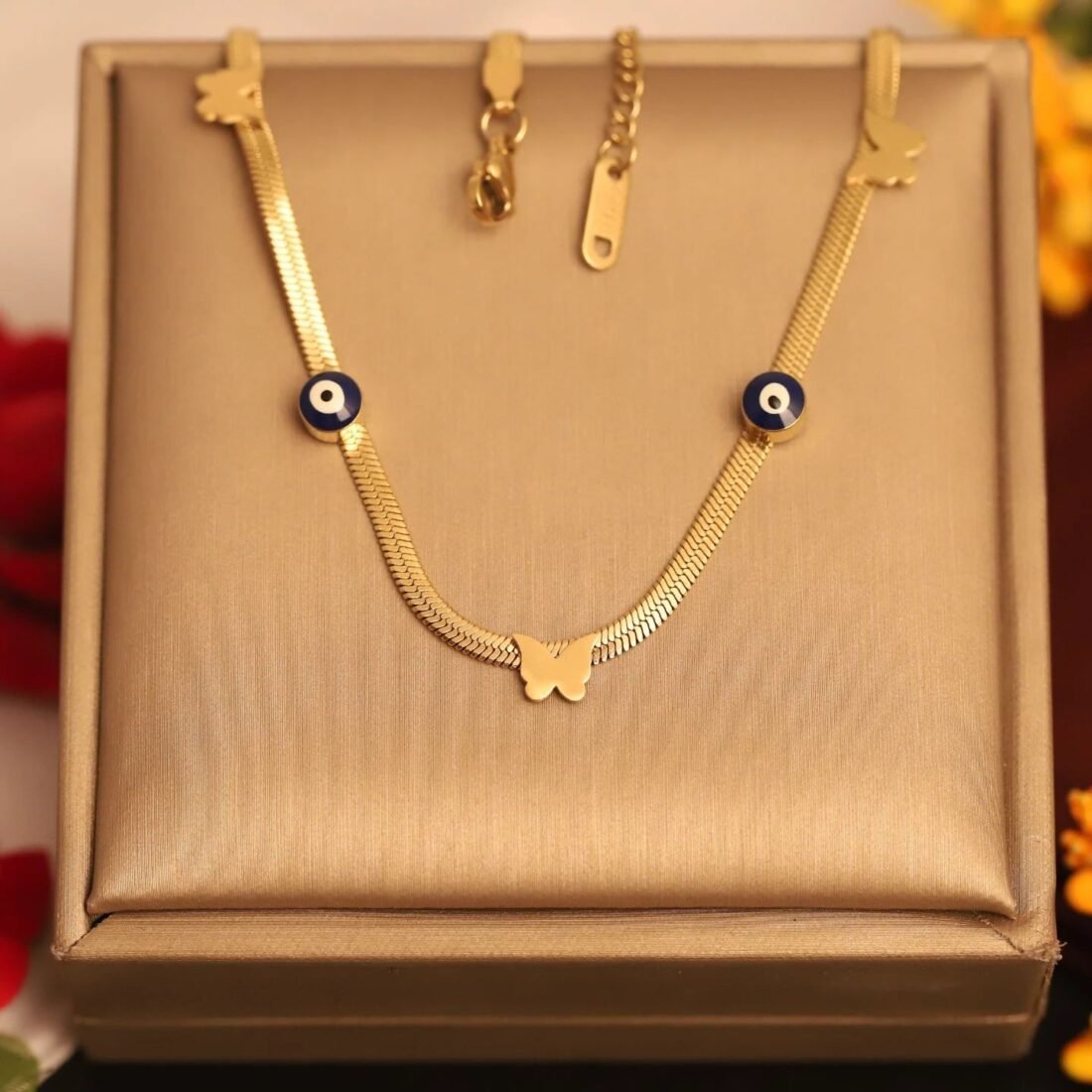 Gold Butterfly & Evil Eye Charm Chain Tanmaniya Necklace
