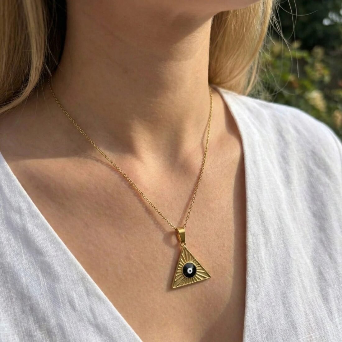 Gold-Plated Triangle Pendant Necklace with Yin-Yang Symbol