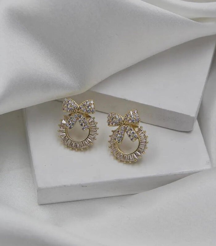 Crystal Bow & Stud Gold Earrings